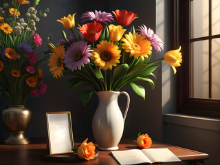 Floral Elegance: Still Life with Flowers, Vase, and Space for Text. generative AI