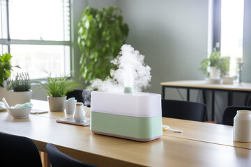 Humidifier Placed on an Office Table - Creating a Comfortable and Hydrated Environment.