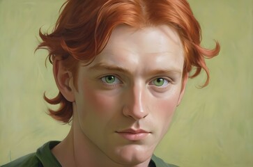 A portrait of a man with red hair, green eyes and rosy cheeks. Generative AI