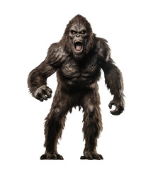 dark fur mystery sasquatch. Isolated transparent background. ape, gorila, bigfoot. Legends Unleashed: A Glimpse into the Enigmatic World of Bigfoot, the Mythical Forest Dweller