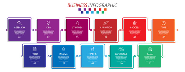 infographic 11 steps or parts, colorful square design with interconnected lines, great for business flow diagrams, banners and presentations