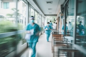 Blurry movement of nurses and doctors in hospital. Nurse walking by a hospital corridor