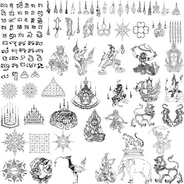 Thai Yantra set. Set ancient Thai tattoo designs. Vector in black and white background. Pictures of sacred things, legendary animals, and ancient characters of Thailand. It was popular in Thai in past