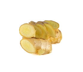 Fresh ginger rhizome with sliced isolated on white background. 