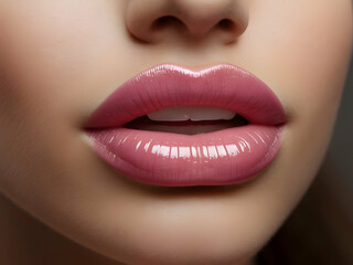 girl lips with pink lipstick 