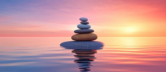 A pile of stones balanced in the middle of calm purple, orange and blue sea water with sunlight in the background