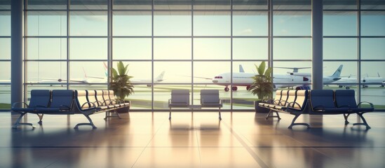 Airport Waiting Room With Luggage, Empty Chairs, background of airplane taking off outdoors.