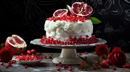 A visually stimulating arrangement of sliced pomegranates and raspberries paired with airy whipped cream, set against a backdrop of intricate lacework for a textured appeal.