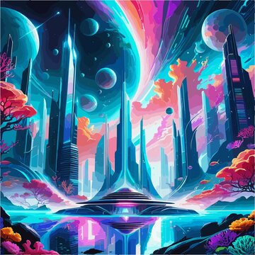 futuristic city buttom of sea,coral reefs, illustration in modernized nebular ethereal style,