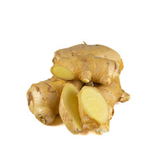 Fresh ginger rhizome with sliced isolated on white background. 