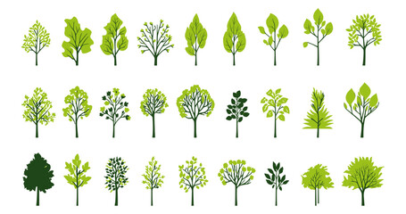 set of green graphic trees elements, Architecture and Landscape Design: Vector Illustration of Outline tree symbol, for Drawing Natural Icons and Symbolism in Project,  Environment, Nature, garden - obrazy, fototapety, plakaty