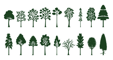Green Graphic Trees Elements: Architecture and Landscape Design with Vector Illustrations of Natural Tree Symbols. for Iconic Representation in Projects Environment and Nature, Garden