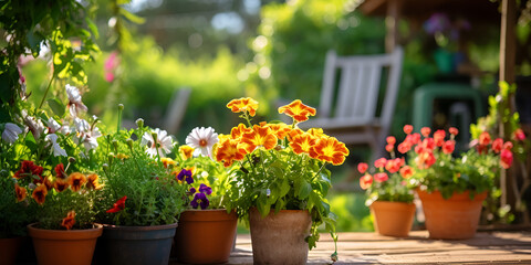 Fototapeta na wymiar flowers in the garden.Gardening tools and flowers on the terrace in the garden, generative ai,Potted plants are sold at the garden center. Selling plants outdoors. Many varieties of green plants. 