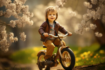 Little boy riding a bike in the spring blooming park, happy childhood concept