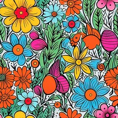 bright happy flower doodle seamless floral pattern