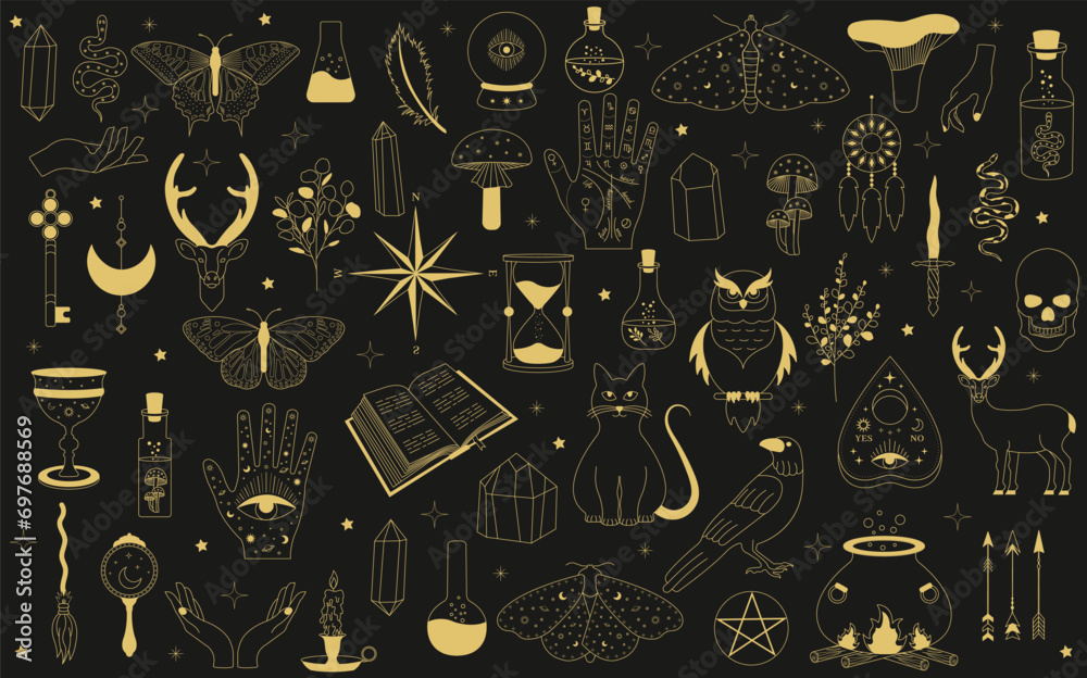 Wall mural witchy magic set. set of witchcraft items. collection of witchy magic and esoteric equipment. vector