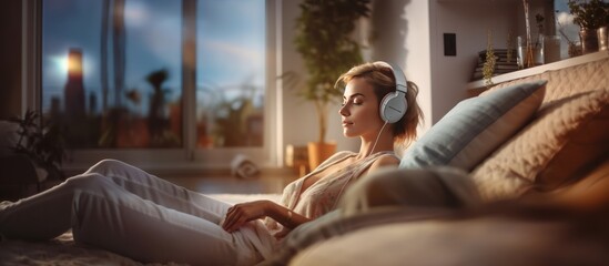 Side portrait of a relaxed woman listening to music with handset and headphones lying on the carpet...