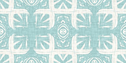 Aqua teal blue white vibrant watercolor batik azulejos tile border banner background. Seamless coastal blur linen effect geometric mosaic effect.Boho Patchwork nautical masculine summer ribbon trim. 