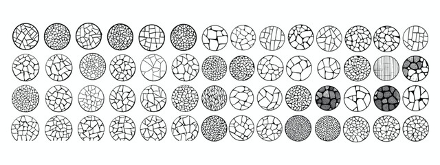 Round Stone on Ground Vector: Texture Interior Background Line Art. Broken Tiles Mosaic Pattern, Graphics Elements Drawing for Architecture and Landscape Design, CAD Pattern, Stone Texture