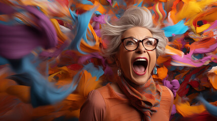 Exited senior lady in glasses and bright orange blouse and scarf against windy background of flying abstract multi-colored splashes of paint. Elderly woman and twisted wavy shapes in motion - obrazy, fototapety, plakaty