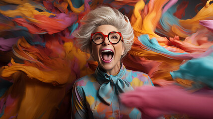 Cheerful elderly woman in bright colored blouse and red glasses against a background of flying...