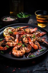 Fried or grilled shrimp with garlic, spices and oil served on a black plate