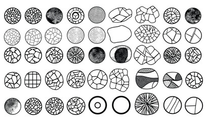 Round Stone on Ground Vector set: Texture Interior Background Line Art. Broken Tiles Mosaic Pattern, Graphics Elements Drawing for Architecture and Landscape Design, CAD Pattern, Stone Texture - obrazy, fototapety, plakaty