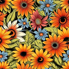 retro flowers 60s hippie pattern hand drawn, seamless pattern with flowers