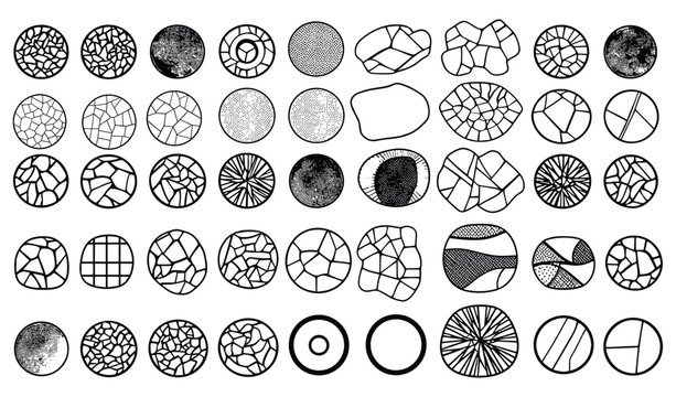 Round Stone on Ground Vector set: Texture Interior Background Line Art. Broken Tiles Mosaic Pattern, Graphics Elements Drawing for Architecture and Landscape Design, CAD Pattern, Stone Texture