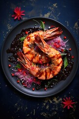 Fried or grilled shrimp with garlic, spices and oil served on a black plate