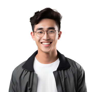 Male Asian student smiling happily on PNG transparent background