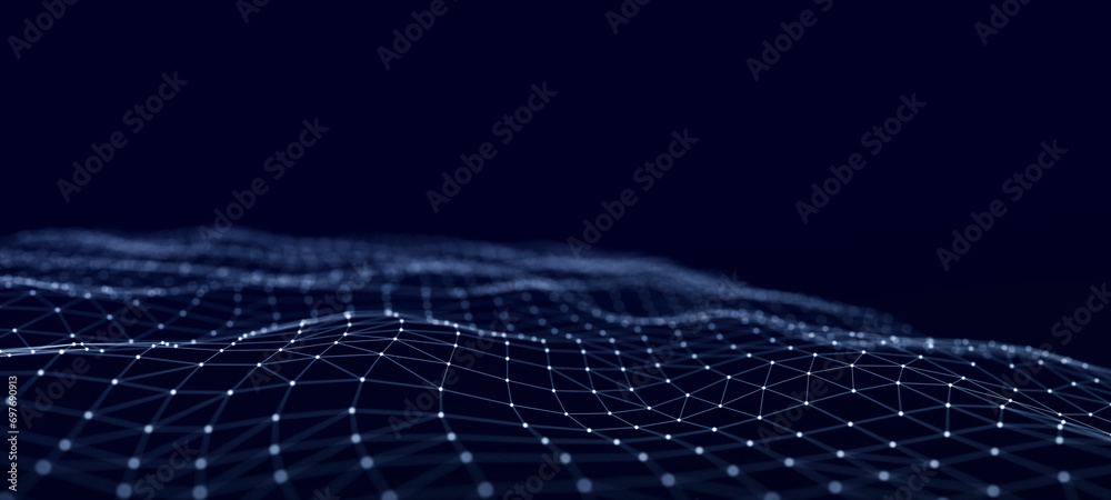 Poster the flow of particles in a dynamic wave. data visualization. abstract dark background. 3d rendering.