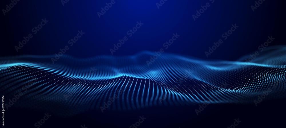 Poster Futuristic wave of dots with moving particles. Abstract technology background. 3D visualization of big data. 3D rendering.