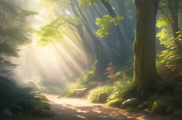a serene natural setting,  a forest,  where sunlight pierces through the foliage , casting patterns of light and shadow on the ground. 