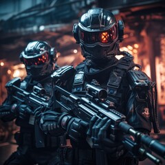 Obraz premium Futuristic army Combatants in a Firefight with Rifles and Photo Realistic Image of Soldier in Full Gear in Night AI Generated