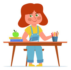 Girl studying at desk. Cartoon school child