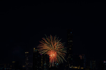 The blurred background of fireworks (light trails) is beautiful at night, seen in the New Year holidays, Christmas events, for tourists to take pictures during public travel.