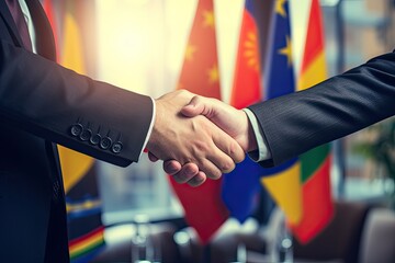 handshake of two businessmen country leaders at an international conference summit make an agreement - obrazy, fototapety, plakaty