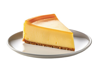 New York classical cheese cake isolated background. Slice of tasty cake on white plate served