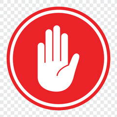 Red Stop Hand Icon . Stop sign icon. Simple red stop road sign with big hand symbol or icon vector illustration.