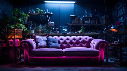 The concept of the future in interior design, furniture in neon lighting of the room relaxation room for employees of an IT company, relaxation area in a club Leather sofa in a room in cyberpunk style - obrazy, fototapety, plakaty