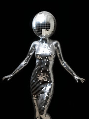 A woman with a disco ball head, and a silver suit