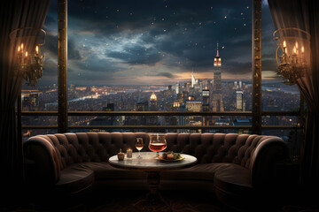 Luxury living room interior with a view of New York City - obrazy, fototapety, plakaty