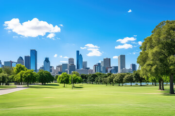 Fototapeta na wymiar Green park and city skyline with blue sky background. Vector illustration
