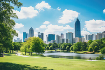 Obraz premium Green park and city skyline with blue sky background. Vector illustration