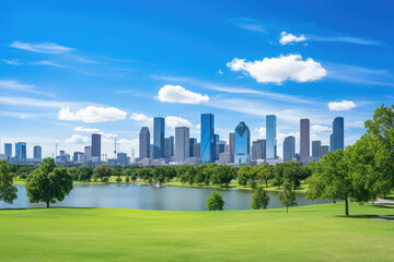 Fototapeta premium Green park and city skyline with blue sky background. Vector illustration