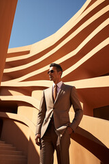 Latino man wearing structured and well-fitted outfit standing within a minimalist space, Low-angle Shot, created with Generative AI