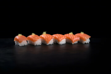 close up of sushi rolls on black tray. Neural network AI generated art