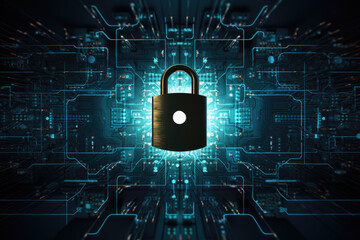 Conceptual image with circuit board and padlock