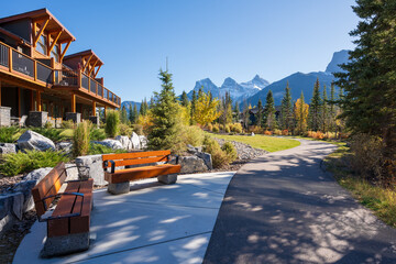 Walking trail in residential area. Town of Canmore street view in fall season. Alberta, Canada. - obrazy, fototapety, plakaty